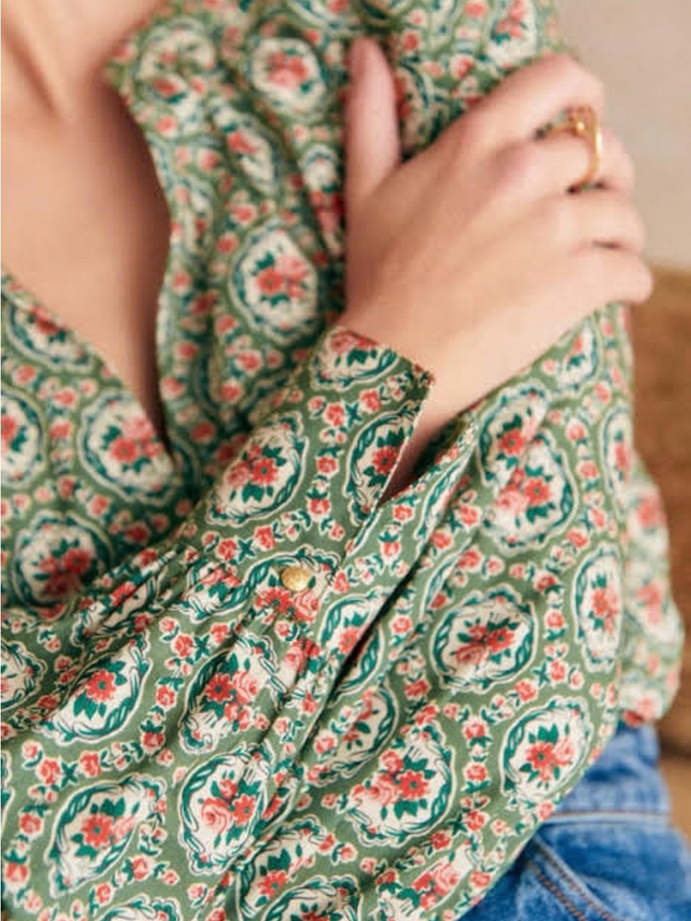 Sezane Green Floral Medallion Blouse with Coral Accents